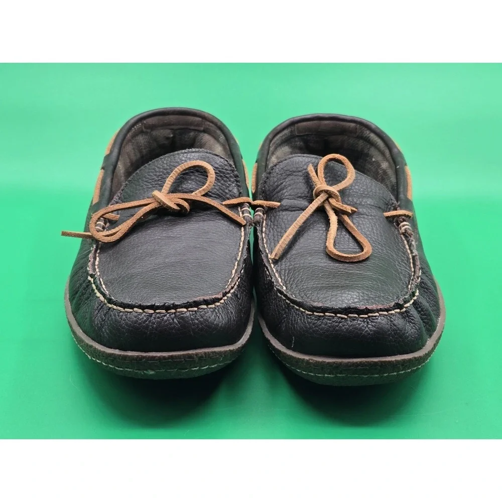 LL Bean Mens 14 Leather Moccasin Flannel Lined Slippers Loafer Shoe 212164 Brown